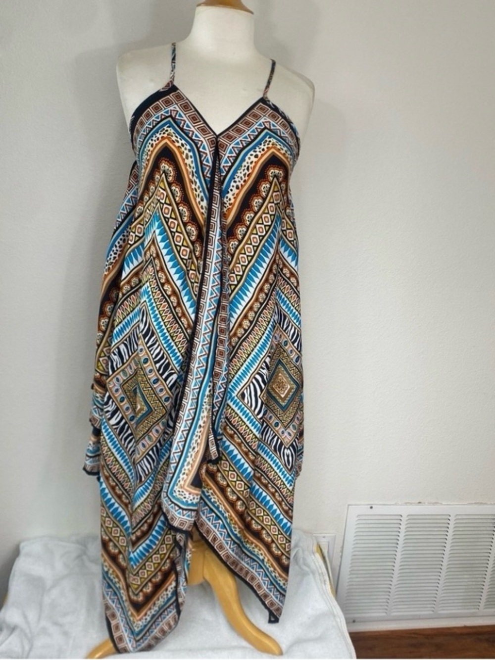 A'Gaci Womens Multicolor Tribal Flowy Handkerchief Dress Size Small Boho Hippie